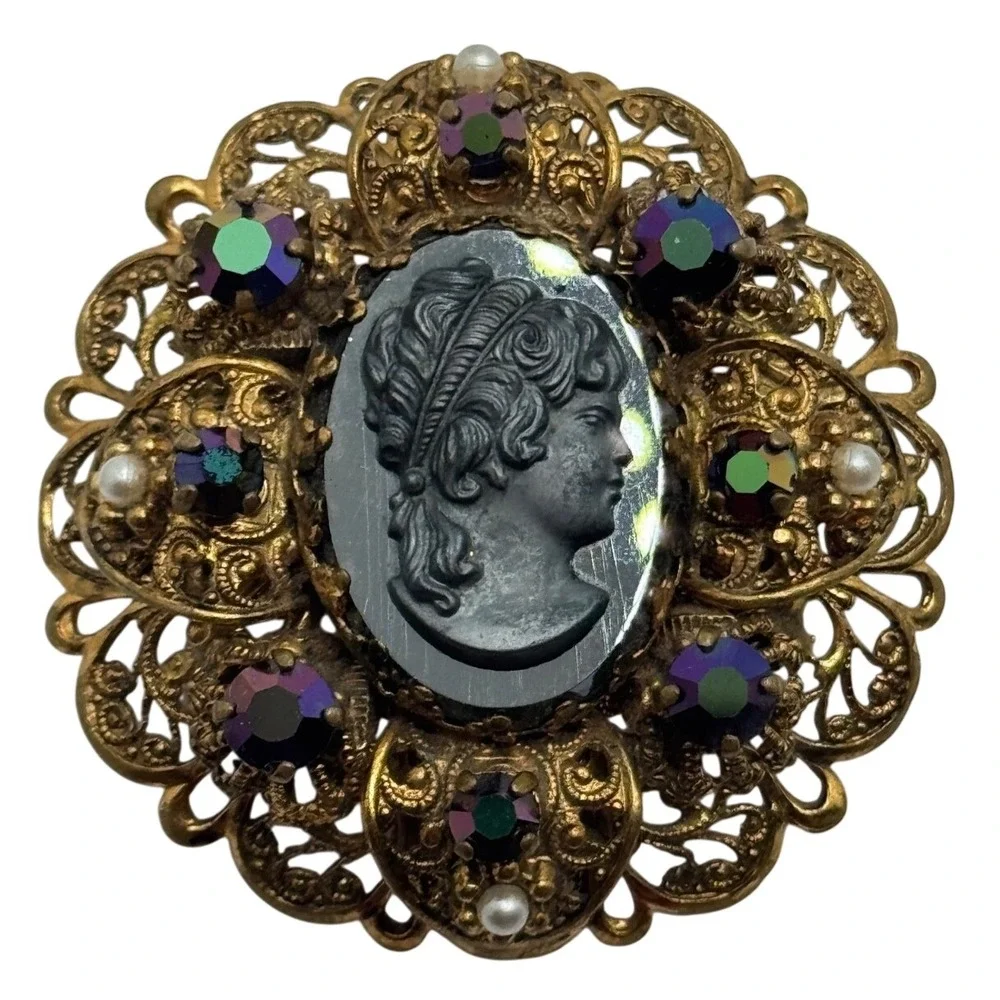 Vintage West Germany Cameo Brooch AB Rhinestone Faux‎ Pearl Filigree Brooch